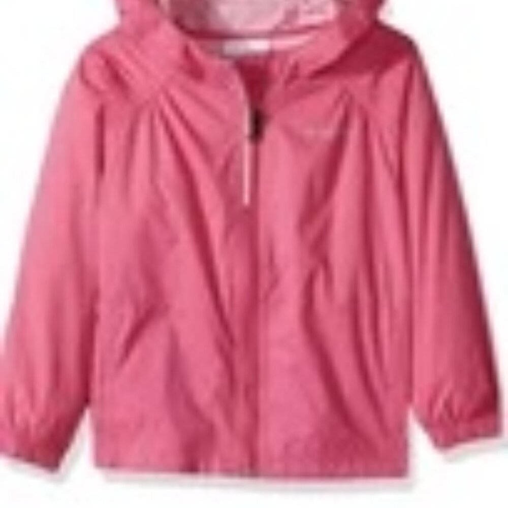 Columbia girl's hooded reflective lightweight rain jacket in hot pink